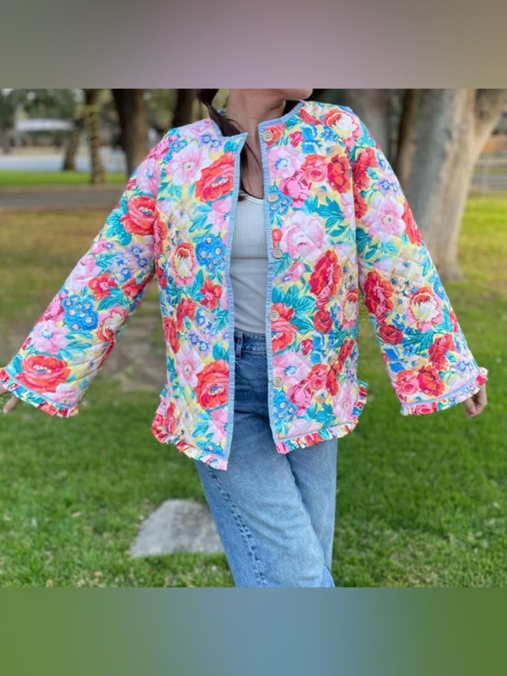 NWT- Boutique Boho Colorful Floral Quilted Jacket size large - Picture 2 of 11